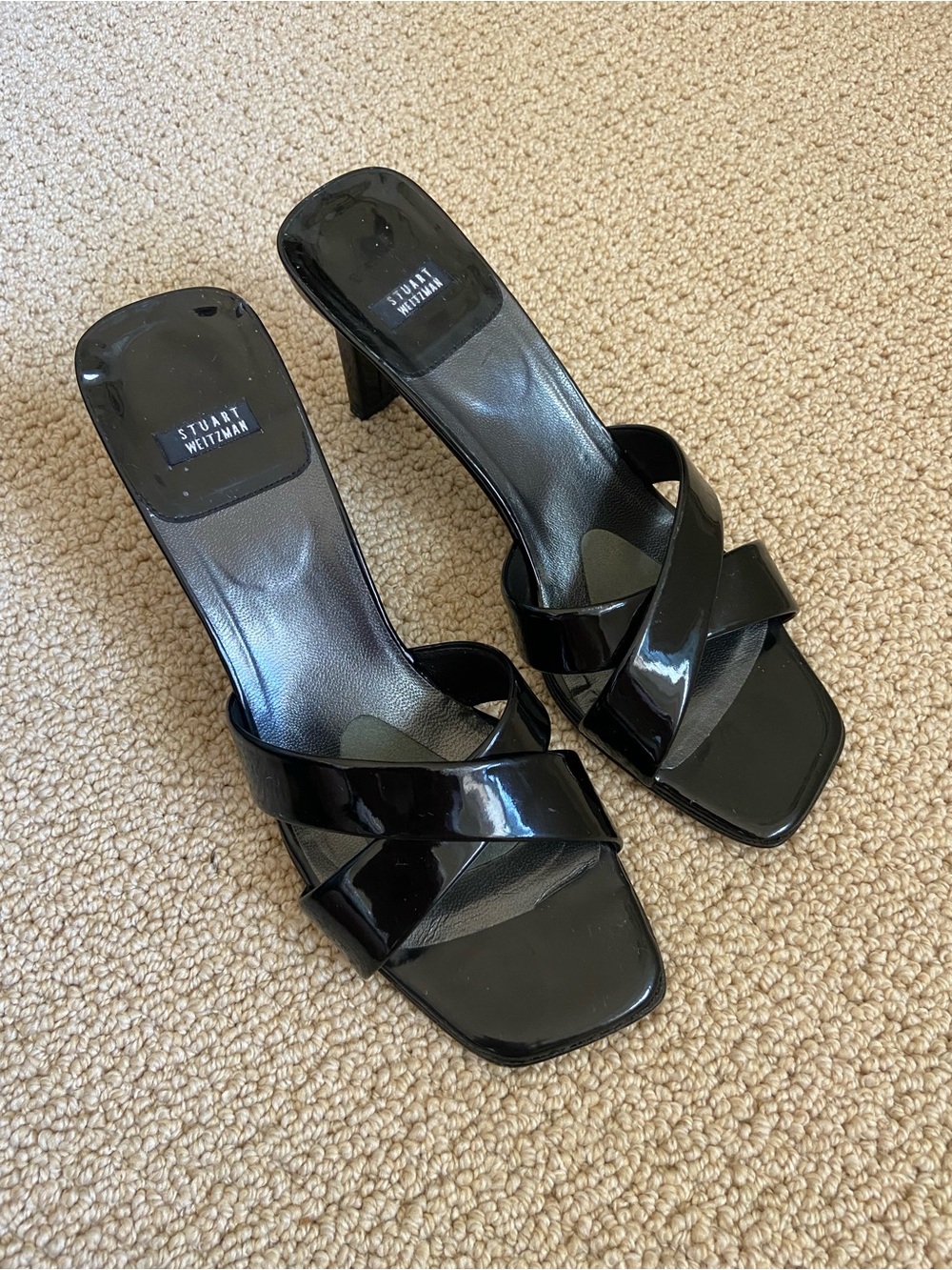 Stuart Weitzman Black Patent Leather Crossover Slide Heels